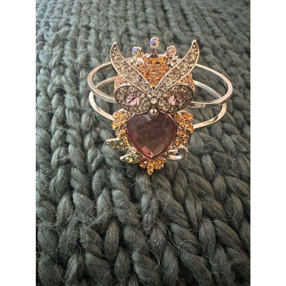 Vintage Betsey Johnson Enchanted Forest Crystal Owl Hinged Bracelet